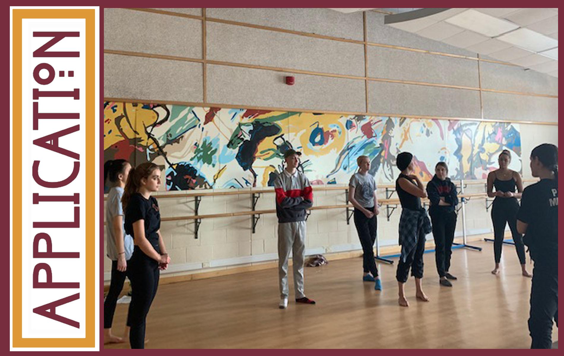 image of several students standing in a dance studio. Word application is down the side of the image.