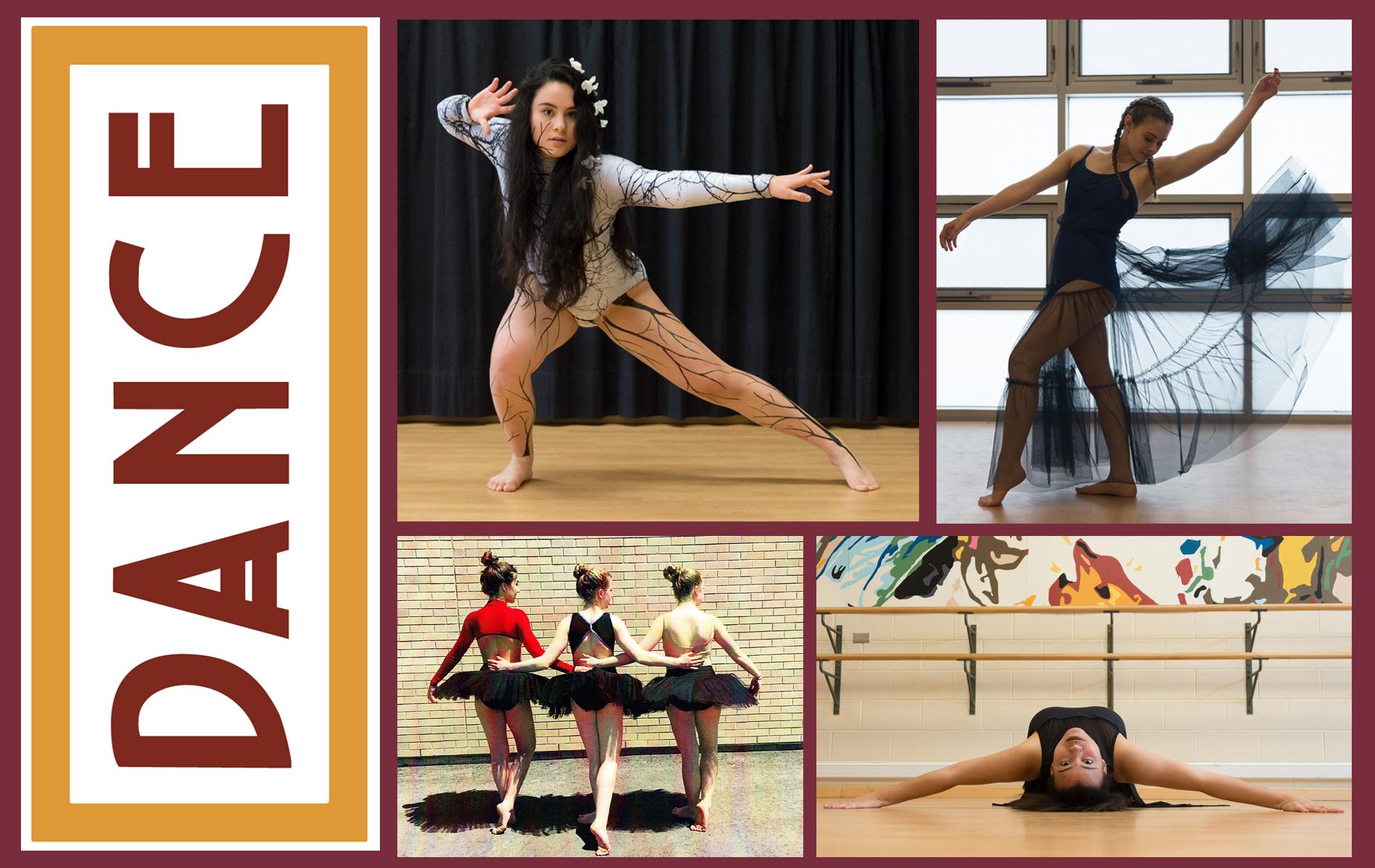 Four tiles show students dancing in different styles. Word dance reads down the side.
