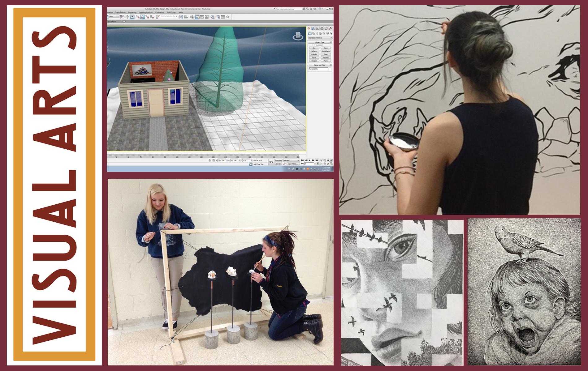 Visual Arts written down left side. Five panels show digital art, student working on large art piece, students crafting and two black and white drawings of faces