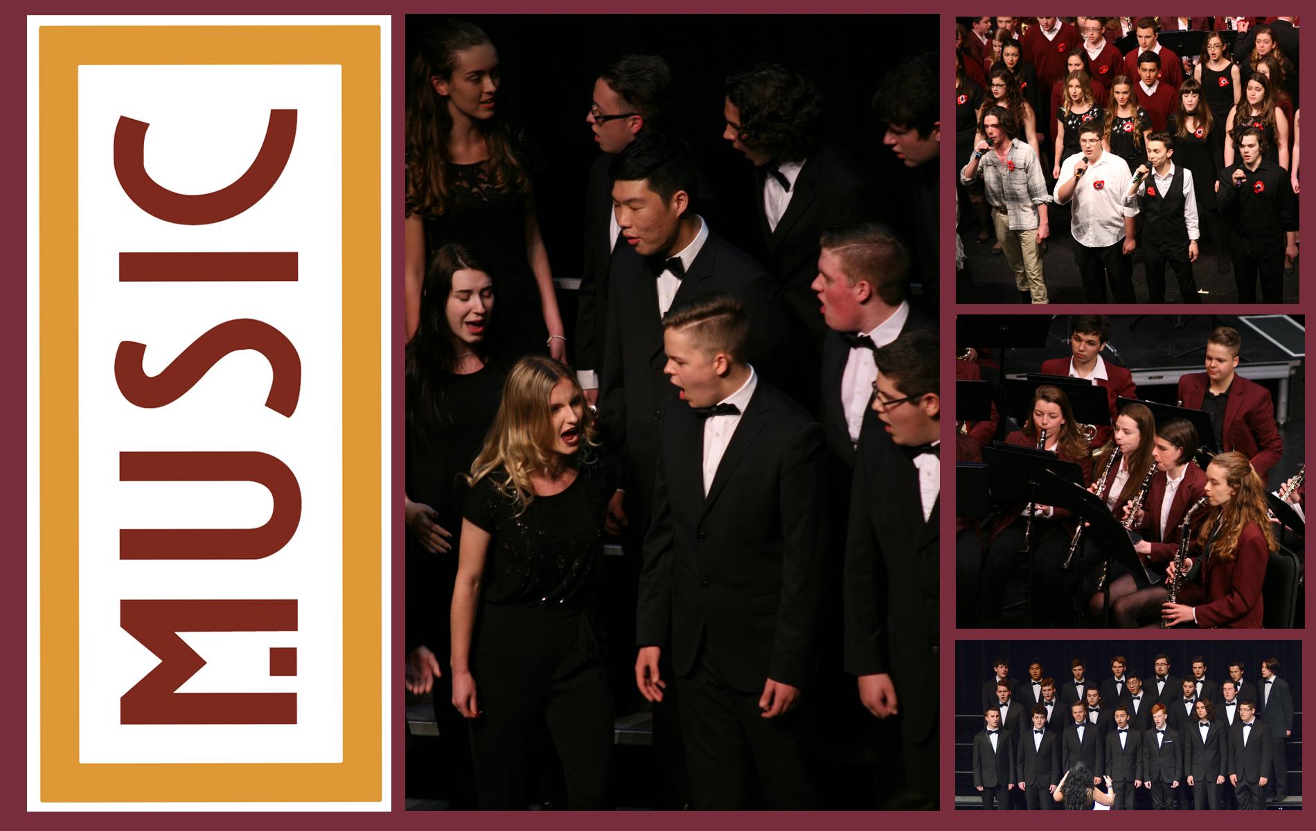 Four panels show different pictures of choirs and bands performing. Music reads down the side.